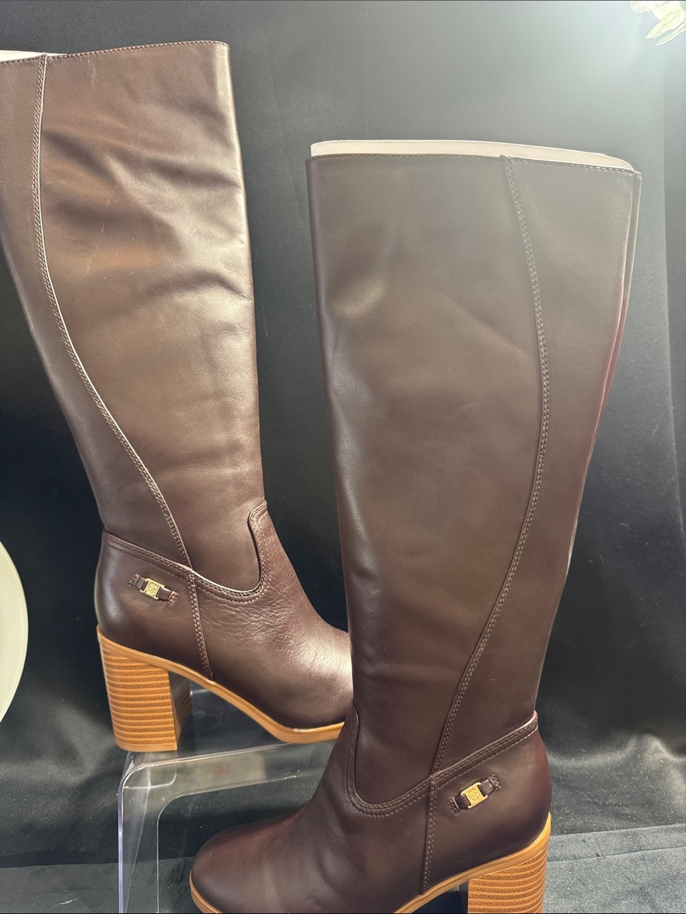 Giani Bernini Dark Brown Leather Knee-High Boots with Stacked Heel